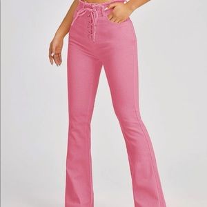 pink flare jeans high waisted